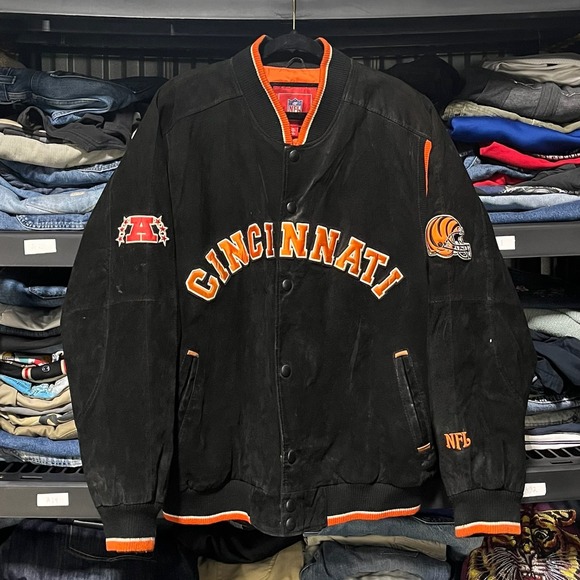 Cincinnati Bengals Suede Leather Jacket Mens XL Black Orange NFL Spell Out Logo - Picture 1 of 16